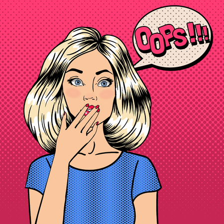 Surprised Woman. Comic Style. Pin Up Girl. Bubble Oops. Pop Art. Vector illustrationのイラスト素材