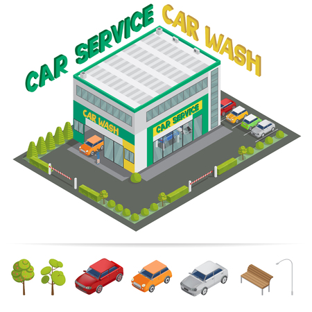 Car Service. Car Wash. Isometric Building. Isometric Transportation. Vector illustrationのイラスト素材