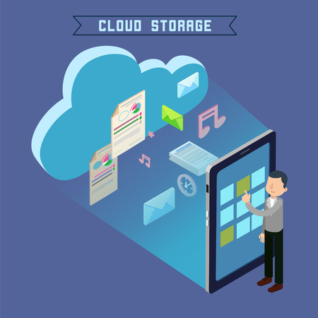Cloud Storage. Isometric Computer Technology. Man Uploading Files to the Repository. Vector illustrationのイラスト素材