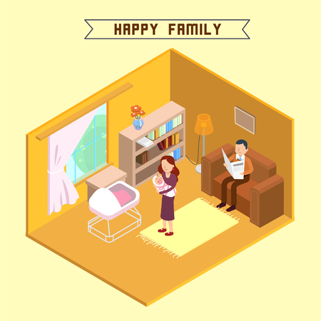 Isometric Interior. Happy Family. Isometric People. Mother with Baby. Young Parents. Vector illustrationのイラスト素材