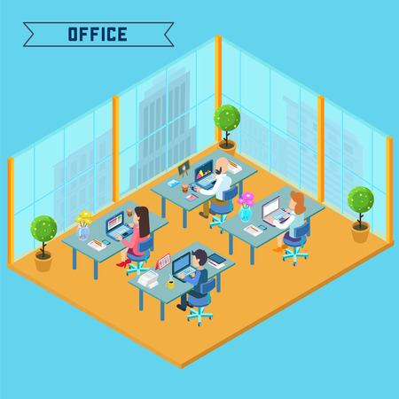 Modern Office Interior. Isometric Office. Businessman at Work. Office Room with Furniture and Computers. Vector illustrationのイラスト素材