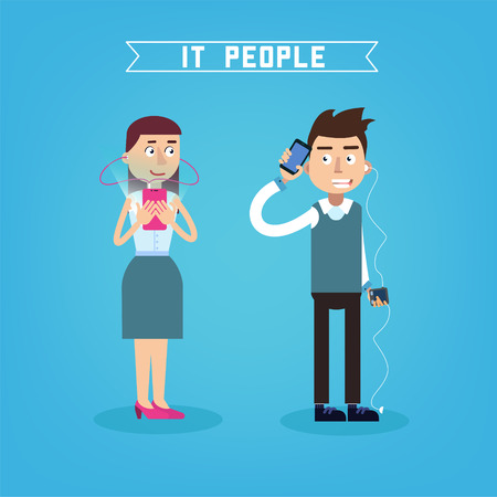 IT People. Man with Phone. Woman with Smart Phone. People with Gadgets. Vector illustrationのイラスト素材