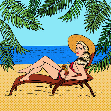 Tropical Paradise. Woman with a Cocktail. Pin Up Girl. Beautiful Woman in a Swimsuit. Pop Art. Vector illustrationのイラスト素材