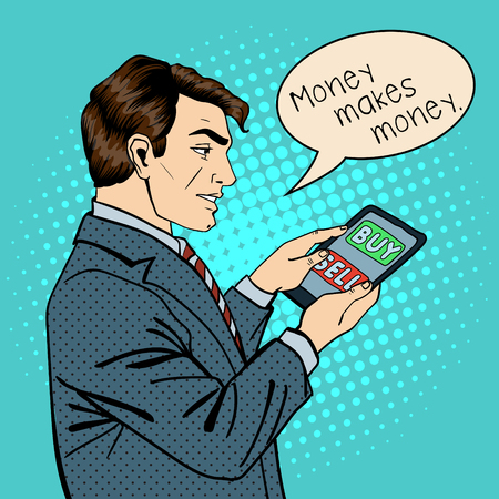 Man Holding Tablet. Businessman at Work. Pop Art. Modern Technology. Vector illustrationのイラスト素材