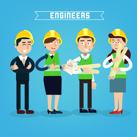 Construction Workers. Engineer and Project Manager. Construction Engineering. Vector illustrationのイラスト素材