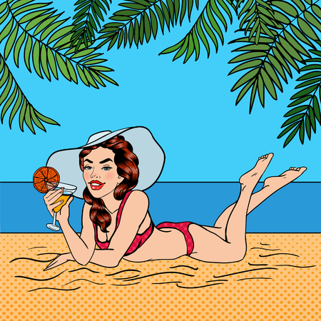 Tropical Paradise. Woman with a Cocktail. Pin Up Girl. Beautiful Woman in a Swimsuit. Pop Art. Vector illustrationのイラスト素材