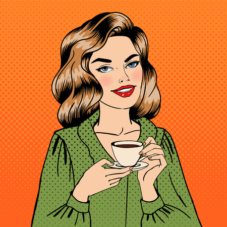 Beautiful Woman with Cup of Coffee. Pin Up Girl. Pop Art. Girl with Coffee. Vector illustrationのイラスト素材