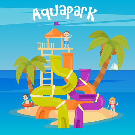 Water Park. Summer Vacation. Fun Aquapark. Water Hills. Vector illustrationのイラスト素材