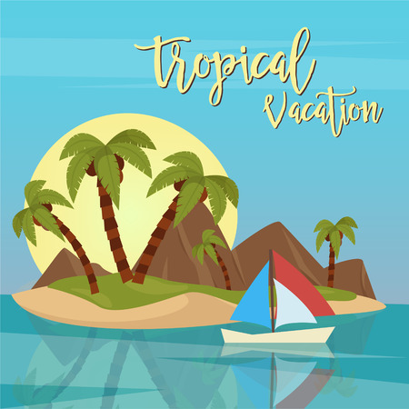 Beach Vacation. Tropical Paradise. Exotic Island  with Palm Trees. Vector illustrationのイラスト素材