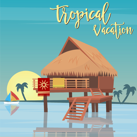 Beach Vacation. Tropical Paradise. Exotic Island  Bungalows. Vector illustrationのイラスト素材