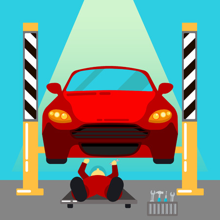 Car Service. Car Repairs and Diagnostics. Auto Maintanence. Serviceman at Work. Vector illustrationのイラスト素材
