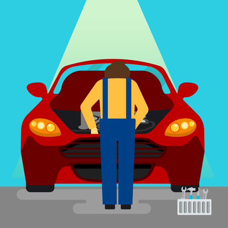 Car Service. Car Repairs and Diagnostics. Auto Maintanence. Serviceman at Work. Vector illustrationのイラスト素材
