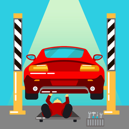 Car Service. Car Repairs and Diagnostics. Auto Maintanence. Serviceman at Work. Vector illustrationのイラスト素材