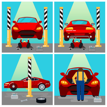 Car Service. Car Repairs and Diagnostics. Auto Maintanence. Serviceman at Work. Vector illustrationのイラスト素材