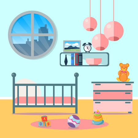 Children Bedroom Interior. Child Furniture and Toys. Vector illustrationのイラスト素材