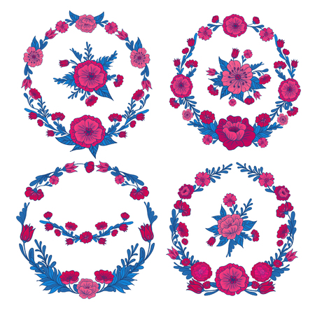 Flowers Set. Floral Frames. Greeting Cards Decoration. Wreath of Flowers. Vector illustrationのイラスト素材