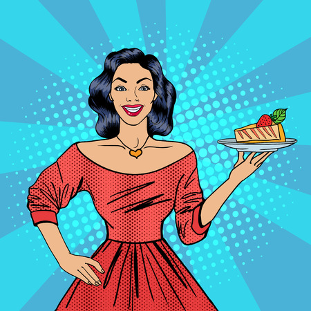 Girl Holding a Cake. Housewife with Cheesecake. Pop Art. Happy Woman. Vector illustrationのイラスト素材