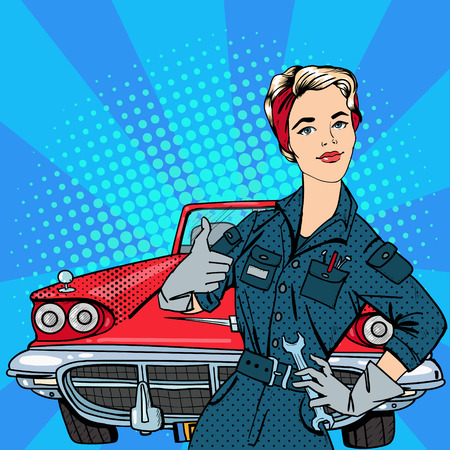 Girl with Tools. Working Woman Gesturing Great. Vintage American Car. Pop Art Banner. Vector illustrationのイラスト素材