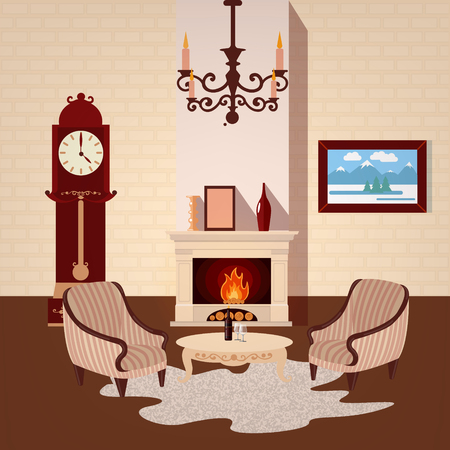 Living Room Interior. Room Interior with Vintage Chandelier and Fireplace. Home Interior. Vector illustrationのイラスト素材
