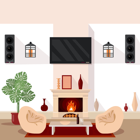Living Room Interior. Modern Interior with TV and Fireplace. Home Interior. Vector illustrationのイラスト素材