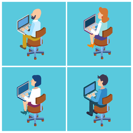 People with Laptop. Isometric People. Businessman at Work. Vector illustrationのイラスト素材