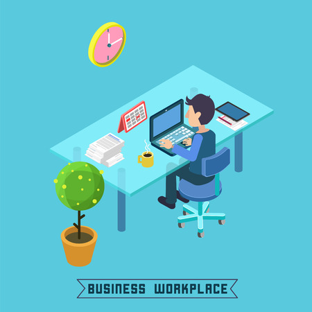 Modern Workplace. Isometric Office. Businessman at Work. Office Table with Laptop. Vector illustrationのイラスト素材