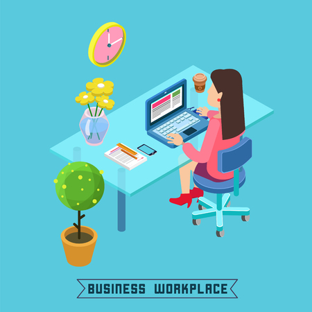 Modern Workplace. Isometric Office. Businesswoman at Work. Office Table with Laptop. Vector illustrationのイラスト素材