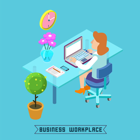 Modern Workplace. Isometric Office. Businesswoman at Work. Office Table with Laptop. Vector illustrationのイラスト素材