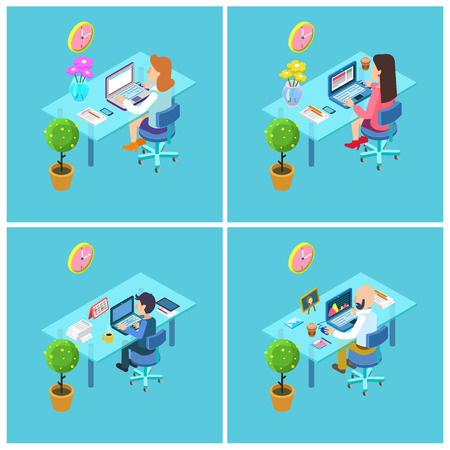 Modern Workplace. Isometric Office. Businessman at Work. Office Table with Laptop. Vector illustrationのイラスト素材