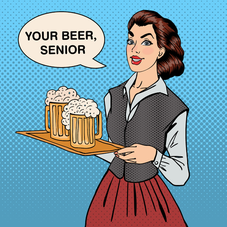 Waitress with Beer. Woman Holding a Tray with Glasses of Beer. Pop Art. Vector illustrationのイラスト素材
