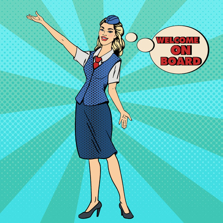 Pop Art Stewardess. Airplane Tourism. Stewardess Welcomes on Board. Vector illustrationのイラスト素材