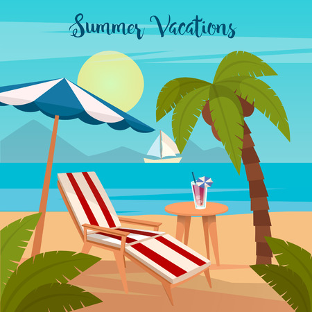 Tropical Paradise. Exotic Island with Palm Trees. Vacation and Travel. Vector illustrationのイラスト素材