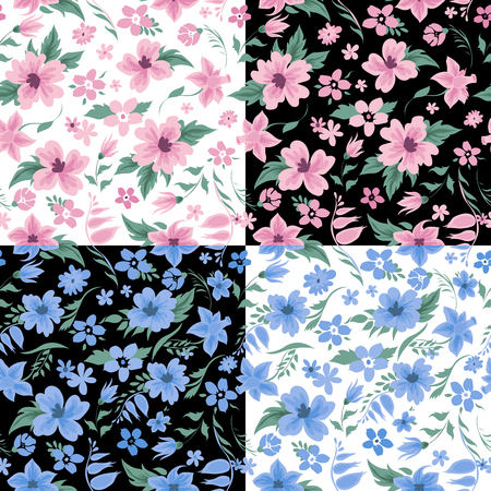 Floral Background Set. Flowers Seamless Pattern. Vintage Flowers. Vector illustrationのイラスト素材