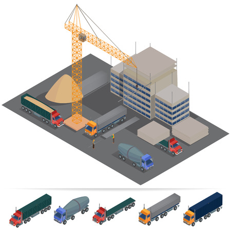 Building Construction Industry. Industrial Transportation. Isometric Building. Vector illustrationのイラスト素材