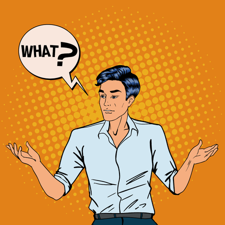 Disappointed Man. Man Throws Up His Hands. Man Asking What. Pop Art. Vector illustrationのイラスト素材