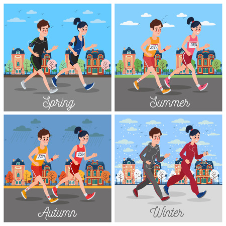 City Marathon Runners. Man and Woman Running Through the Town. Seasonal Running. Vector illustrationのイラスト素材