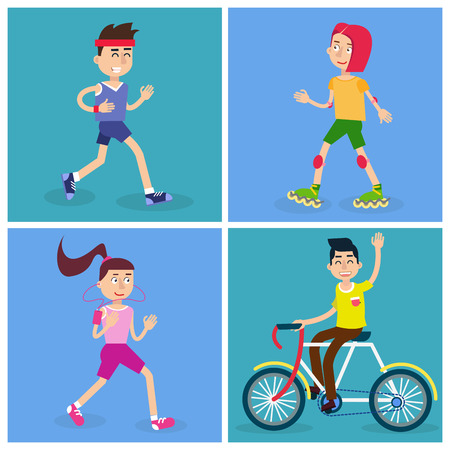 Active People. Man and Woman Runners. Girl on Roller Skates. Man on Bicycle. Vector illustrationのイラスト素材