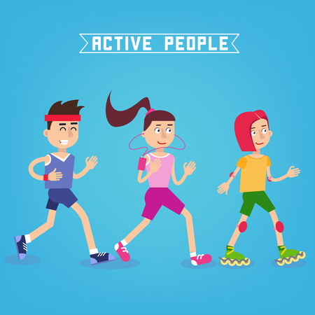 Active People. Man and Woman Runners. Girl on Roller Skates. Vector illustrationのイラスト素材