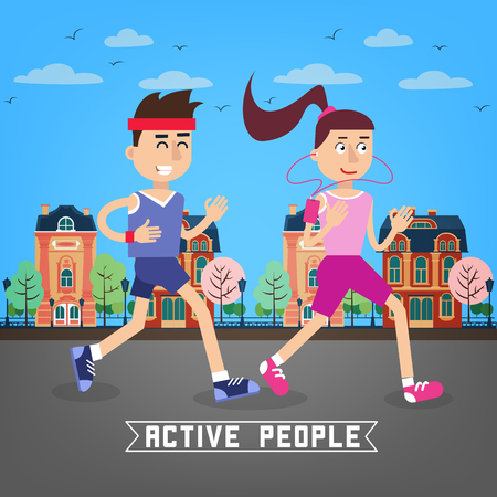 Active People. Man and Woman Runners. Man and Woman Running Through the City. Vector illustrationのイラスト素材