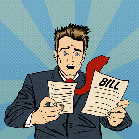 Shocked Man. Frustrated Businessman Checking Financial Documents. Businessman Receiving Bills. Pop Art. Vector illustrationのイラスト素材