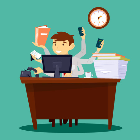 Multitasking Businessman. Man at Work in Office. Successful Businessman. Vector illustrationのイラスト素材
