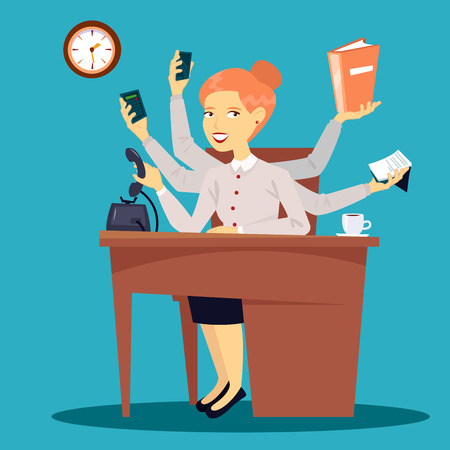 Successful Businesswoman. Multitasking Business Lady. Businesswoman at Work in Office. Vector illustrationのイラスト素材