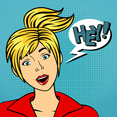 Beautiful Girl with Expression Hey. Pop Art. Pin Up Girl. Vector illustrationのイラスト素材