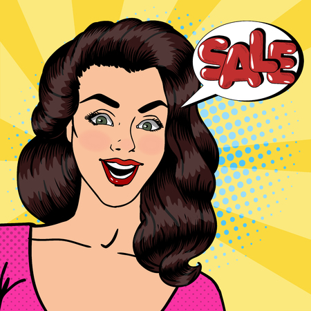 Happy Woman Shouts Sale. Sale Banner. Pin Up Girl. Pop Art. Vector illustrationのイラスト素材