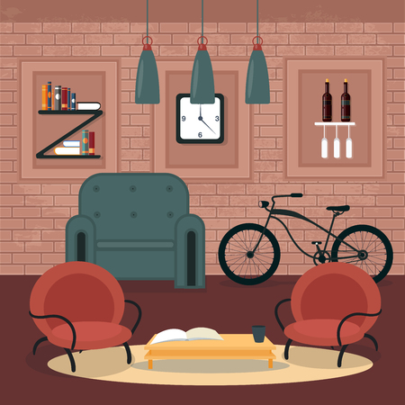 Modern Interior. Living Room in Grunge Style. Room Design with Furniture and Bicycle. Vector illustrationのイラスト素材