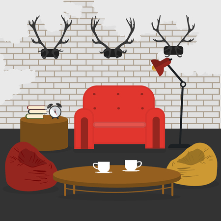 Modern Interior. Living Room in Grunge Style. Room Design with Furniture. Vector illustrationのイラスト素材