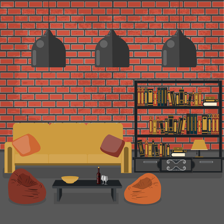 Modern Interior. Living Room in Grunge Style. Room Design with Furniture and Book Shelves. Vector illustrationのイラスト素材