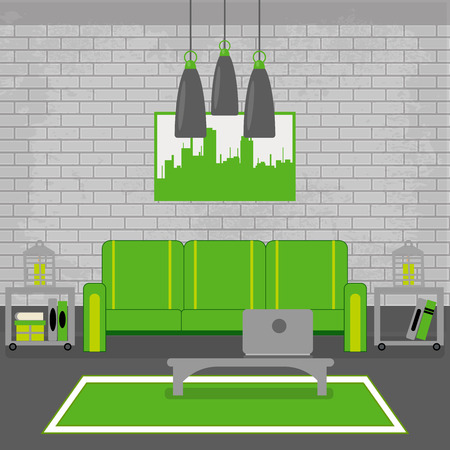 Modern Interior. Living Room in Grunge Style. Room Design with Furniture and Laptop. Vector illustrationのイラスト素材