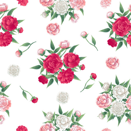 Floral Seamless Pattern. Peonies Background. Pink and White Peon. Vector illustrationのイラスト素材