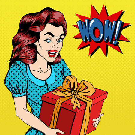 Woman with Gift. Excited Woman with Present. Pop Art Banner. Vector illustrationのイラスト素材